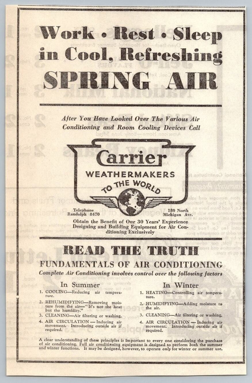 1930s Carrier Air Conditioning Weathermakers Chicago Vintage Ephemera Ad